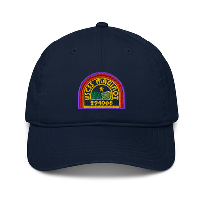 A navy blue Alien USCSS Maginot embroidered logo hat features a rainbow-style design on the front panel.