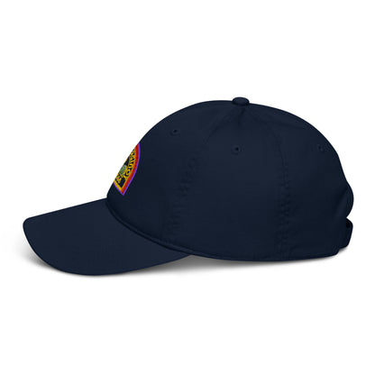 A navy blue baseball cap features an embroidered logo in a rainbow style on the front panel, referencing the USCSS Maginot from the Alien franchise.