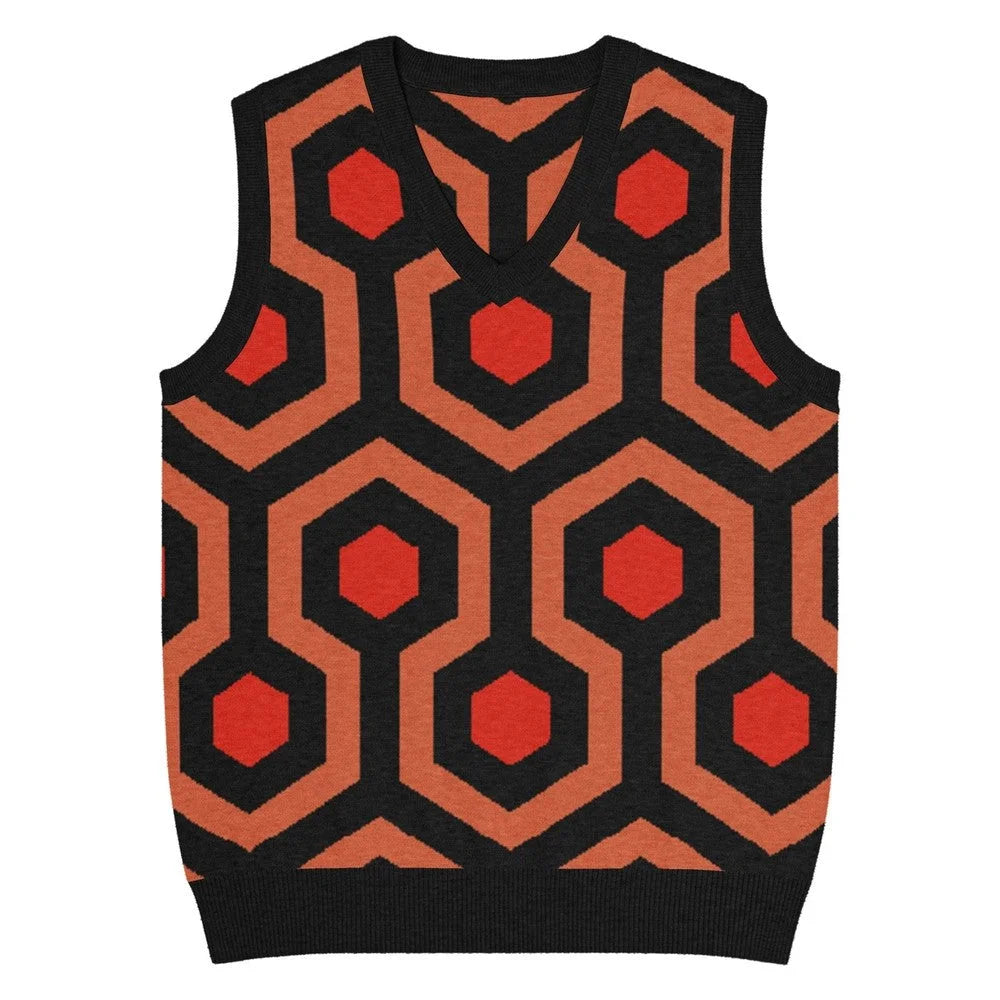 A v-neck knitted sweater vest featuring a geometric orange, red, and black pattern inspired by the Overlook Hotel carpet.