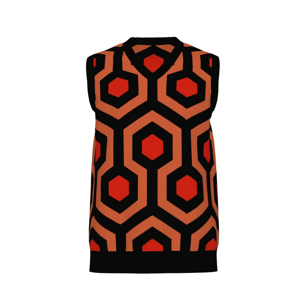 A v-neck knitted sweater vest featuring an orange, black, and tan Overlook Hotel carpet pattern.