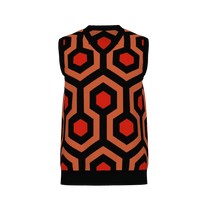 A v-neck knitted sweater vest featuring an orange, black, and tan Overlook Hotel carpet pattern.