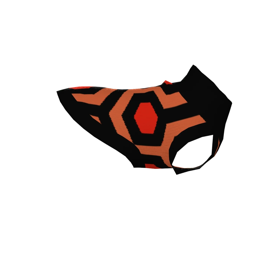A pet sweater featuring a black, orange, and red knit pattern inspired by the Overlook Hotel carpet.