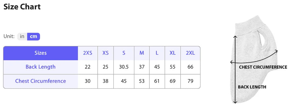 A size chart for a pet sweater showing back length and chest circumference in centimeters for sizes 2XS through 2XL.