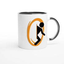 A white ceramic mug features a graphic depicting a Portal from the Half-Life video game, showing a figure stepping through an orange ring.