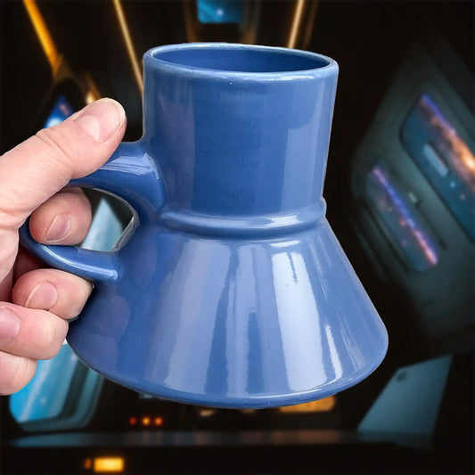 Blue DS9 raktajino mug, handmade replica of the wide bottomed replimat style mugs from Star Trek Deep Space Nine