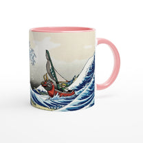 A ceramic mug depicts Link from Legend of Zelda Wind Waker sailing a boat inspired by The Great Wave off Kanagawa artwork.