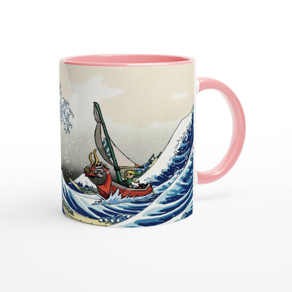 A ceramic mug depicts Link from Legend of Zelda Wind Waker sailing a boat inspired by The Great Wave off Kanagawa artwork.