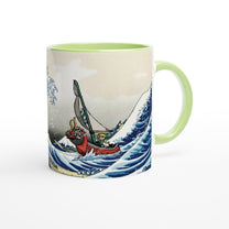 A white mug features a design combining Hokusai's Great Wave off Kanagawa with Link from Legend of Zelda: Wind Waker sailing through the stylized wave.