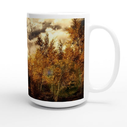 A white ceramic mug displays a landscape scene from Skyrim featuring golden trees under a cloudy sky.