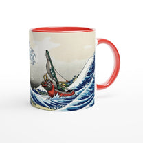 A ceramic mug depicts Link from Legend of Zelda Wind Waker sailing a boat amidst a stylized wave inspired by The Great Wave off Kanagawa.