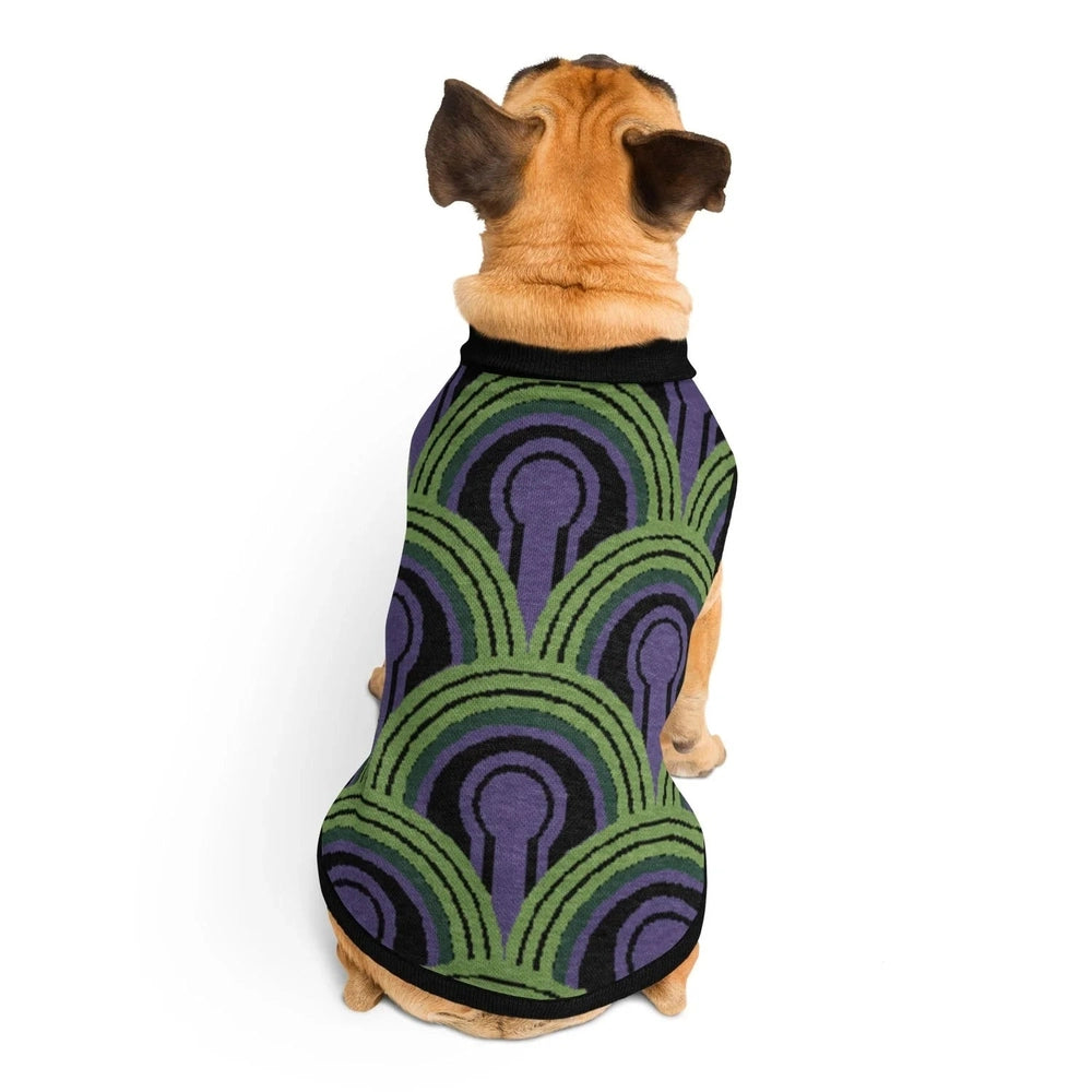 Dog wearing an Overlook Hotel Room 237 Wallpaper pattern knitted jumper on a white background