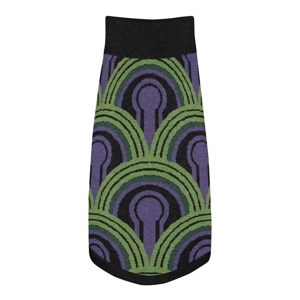 A pet sweater featuring a green, purple, and black Room 237 wallpaper pattern inspired by horror films.
