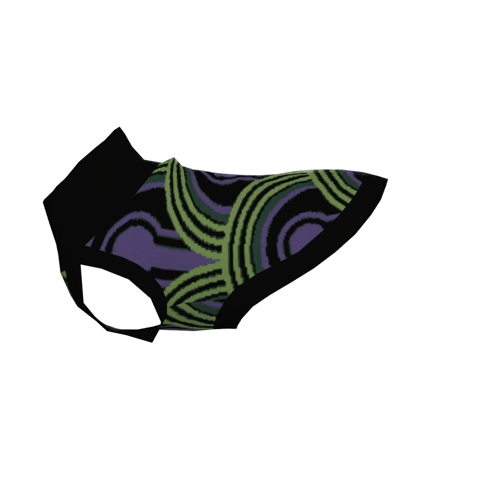 A pet sweater featuring a green and purple Room 237 wallpaper pattern inspired by horror films.