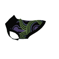A pet sweater featuring a green and purple Room 237 wallpaper pattern inspired by horror films.