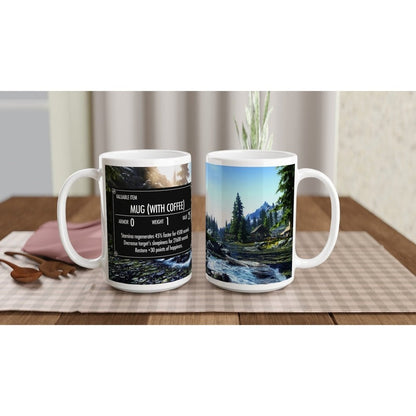 A white ceramic Skyrim coffee mug displays a landscape scene on one side and item details related to the Elder Scrolls video game on the other.