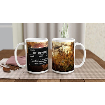 A white ceramic mug displays a Skyrim landscape scene inspired by the Elder Scrolls video game and includes item stats related to a "Mug (with Coffee).