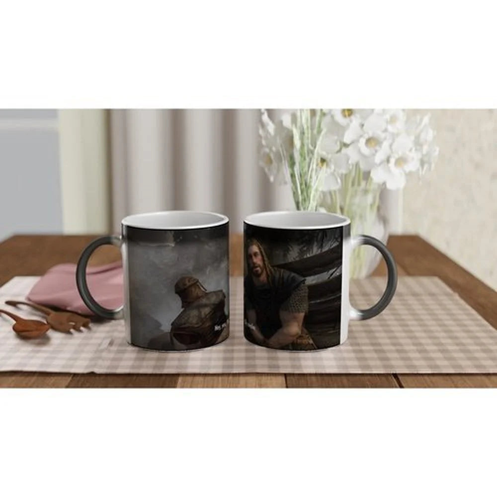 This Skyrim mug displays a heat-changing design featuring imagery from The Elder Scrolls on both sides.