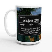 A white ceramic mug displays a "Valuable Item" graphic referencing the video game Skyrim and includes text describing its properties.