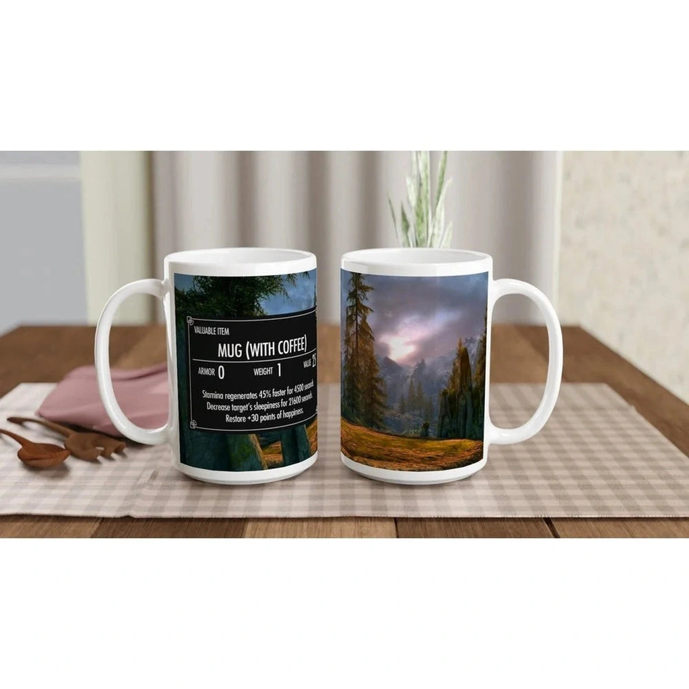 A white ceramic Skyrim coffee mug displays a landscape scene from the video game on one side and item details including "Mug (with Coffee)" on the other.