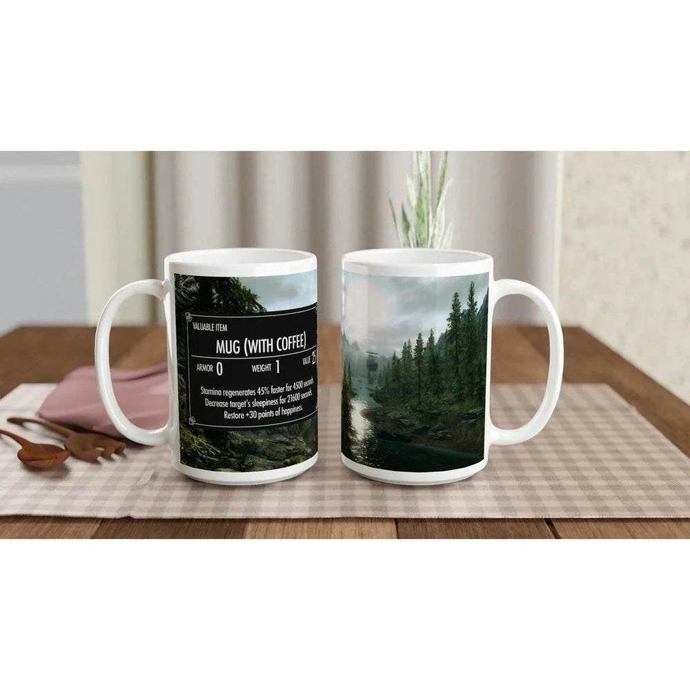 A white ceramic Skyrim coffee mug displays a graphic resembling an item card from the video game Elder Scrolls, featuring a landscape scene and text describing its properties.