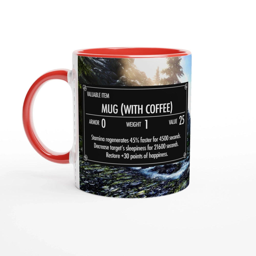 The Quirkify Skyrim 'Mug with Coffee' features a custom item card parody that boosts stamina and happiness while reducing sleepiness, screen-accurate for gamers and set against a scenic forest background.