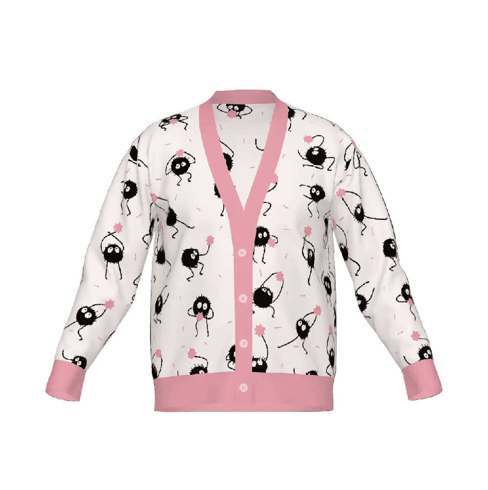 Spirited Away cardigan with Soot Sprites knitted pattern and pink trim on a white background
