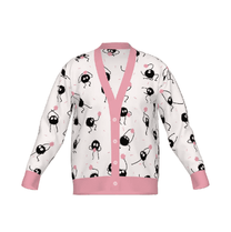 Spirited Away cardigan with Soot Sprites knitted pattern and pink trim on a white background