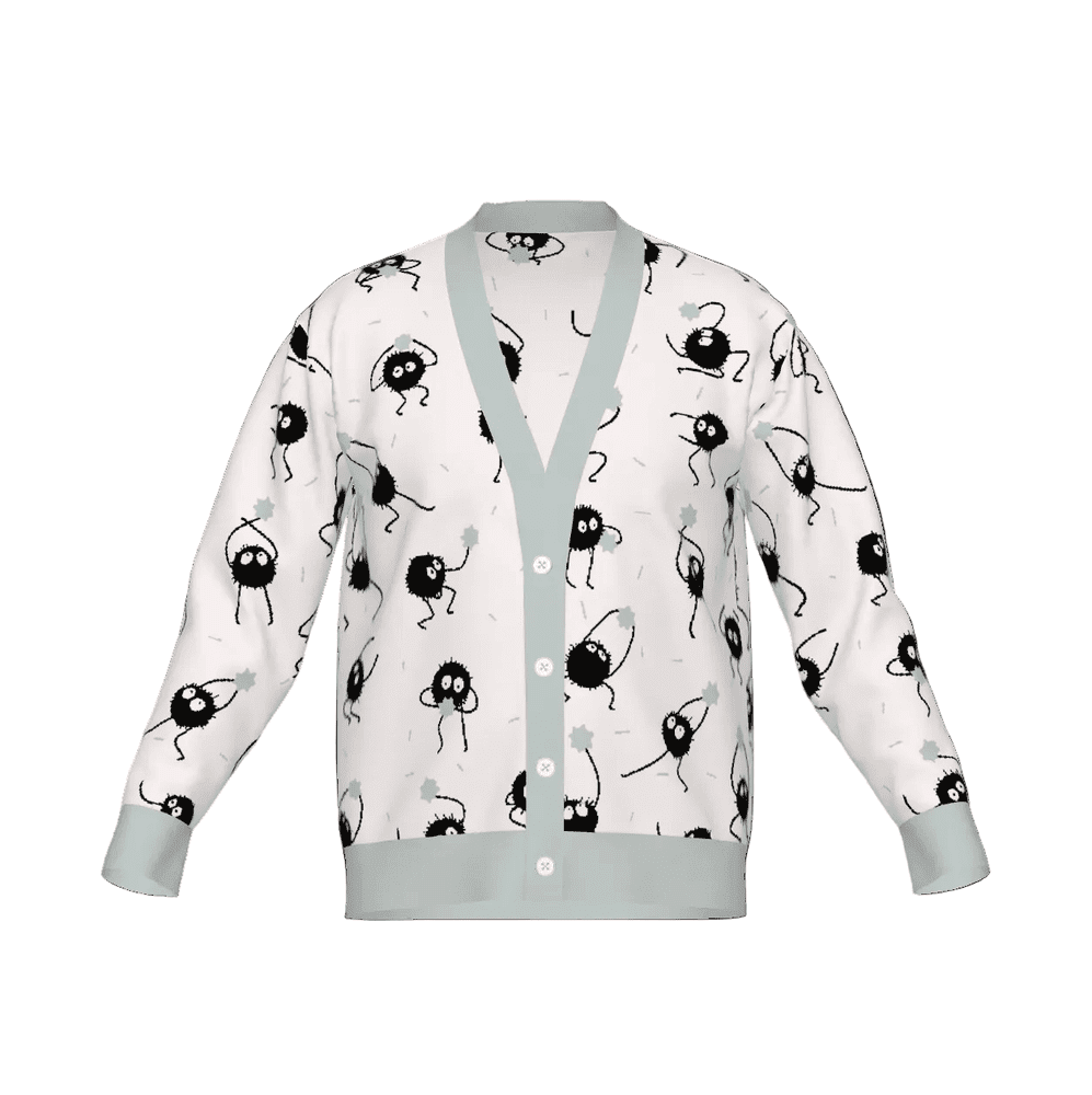 Spirited Away cardigan with Soot Sprites knitted pattern and pale blue trim on a white background