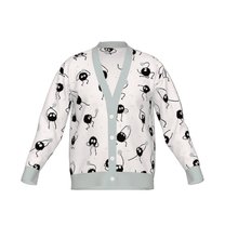 Spirited Away cardigan with Soot Sprites knitted pattern and pale blue trim on a white background