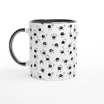 A white 11oz mug features a repeating pattern of Susuwatari, also known as dust sprites from Studio Ghibli's Spirited Away.