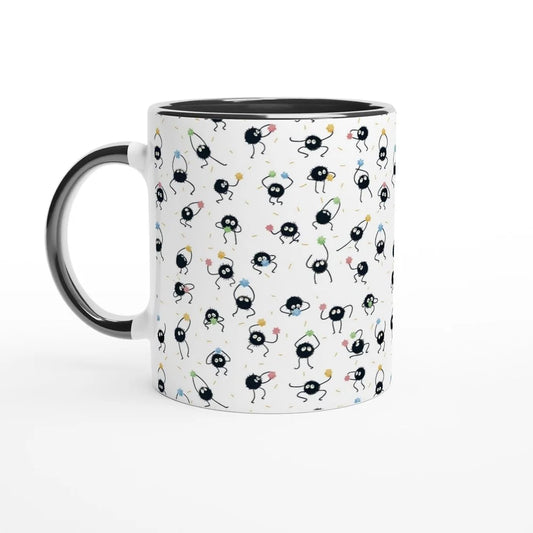 A white 11oz mug features a repeating pattern of Susuwatari, also known as dust sprites from Studio Ghibli's Spirited Away.