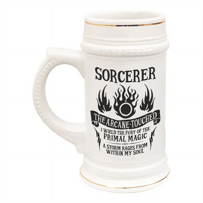 A white ceramic tankard features gold accents and displays "Sorcerer" along with flame and paw print graphics referencing a D&D character class.