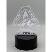 The LED engraved acrylic lamp depicts a Starfleet shipyard scene labeled "Utopia Planitia" and "Sol System.
