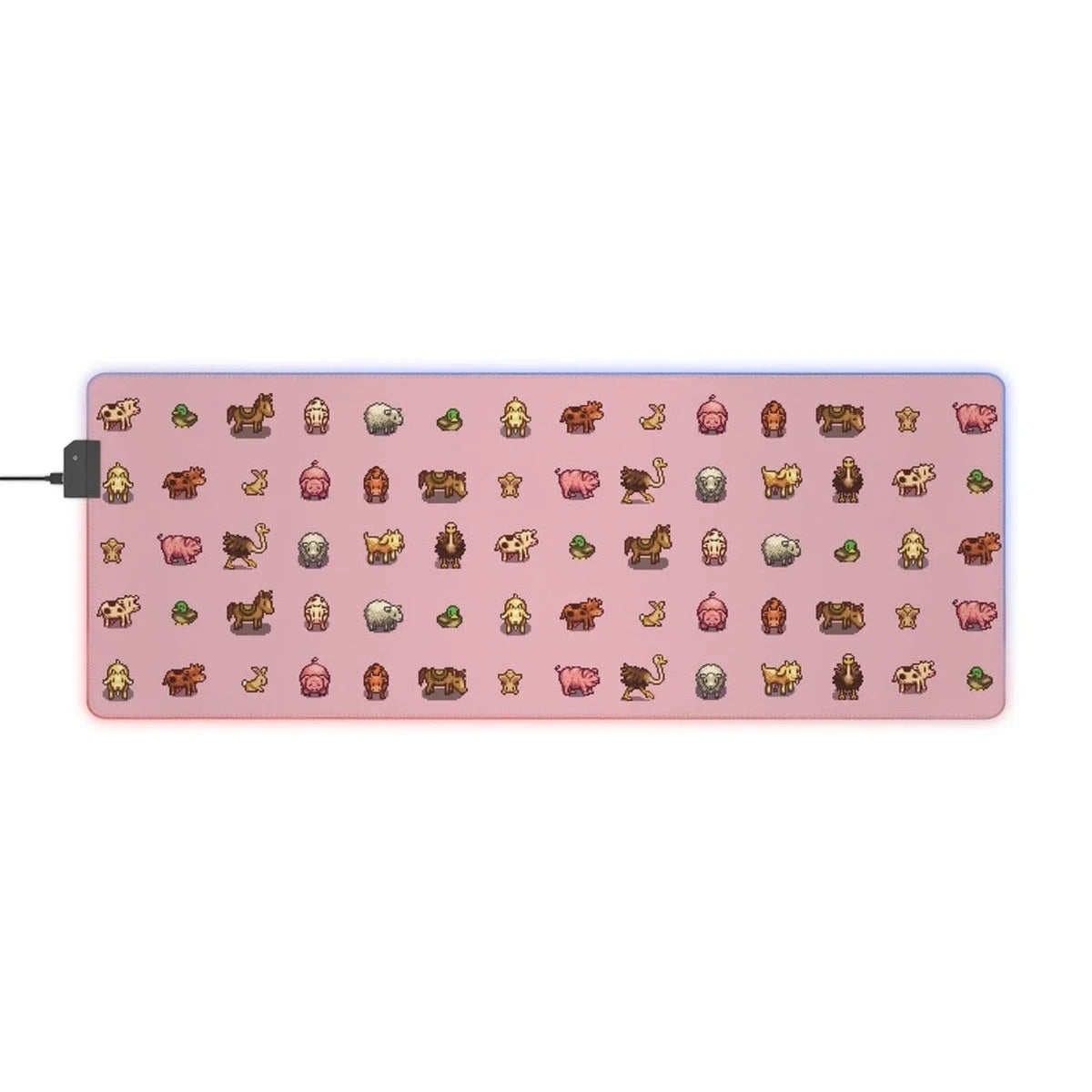 A pink desk mat features pixel art depictions of animals from the Stardew Valley computer game and has an LED light border.