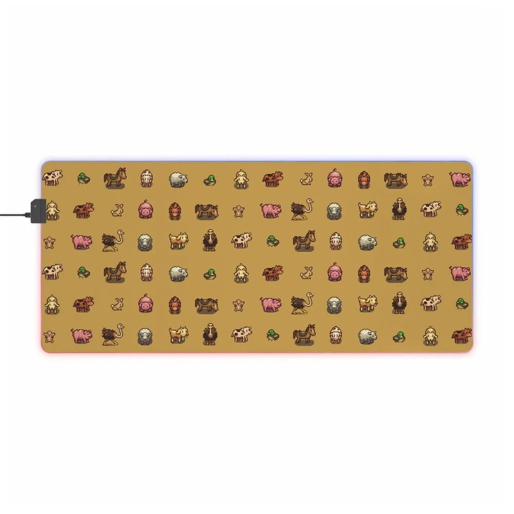 This rectangular LED gaming mouse pad features pixel art of animals from Stardew Valley on a yellow background.