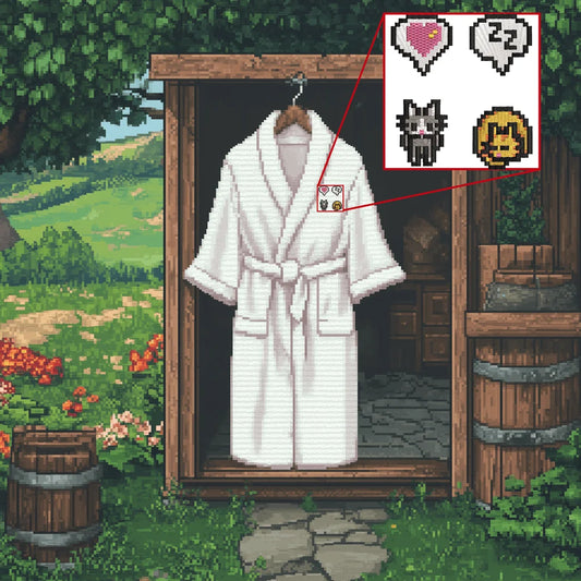 A white Stardew Valley cats embroidered bathrobe hangs on a hanger in front of an open door displaying pixelated emotes and cat imagery.