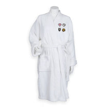 Stardew Valley inspired bathrobe with embroidered cats and emotes, personalised cotton gamer robe