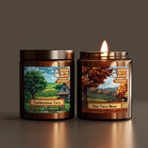Two Stardew Valley scented candles depict pixelated scenes of a farm during summer and autumn seasons, each featuring personalized farm names on the labels.