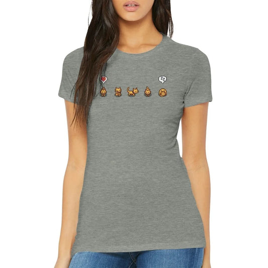 A woman wearing a gray fitted t-shirt displays pixelated graphics of ginger cats and emotes from the Stardew Valley computer game.