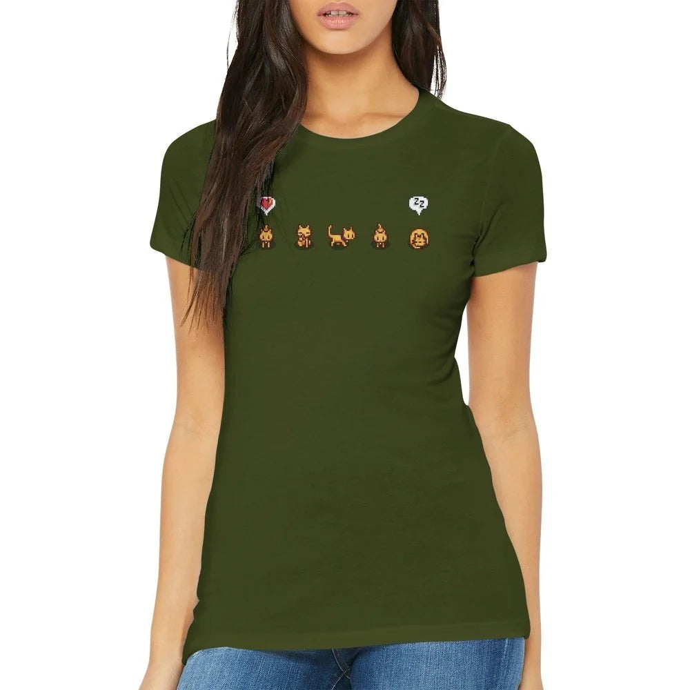 A woman wears a dark green ladies fitted Stardew Valley T-Shirt featuring illustrations of ginger cats and emotes across the chest.