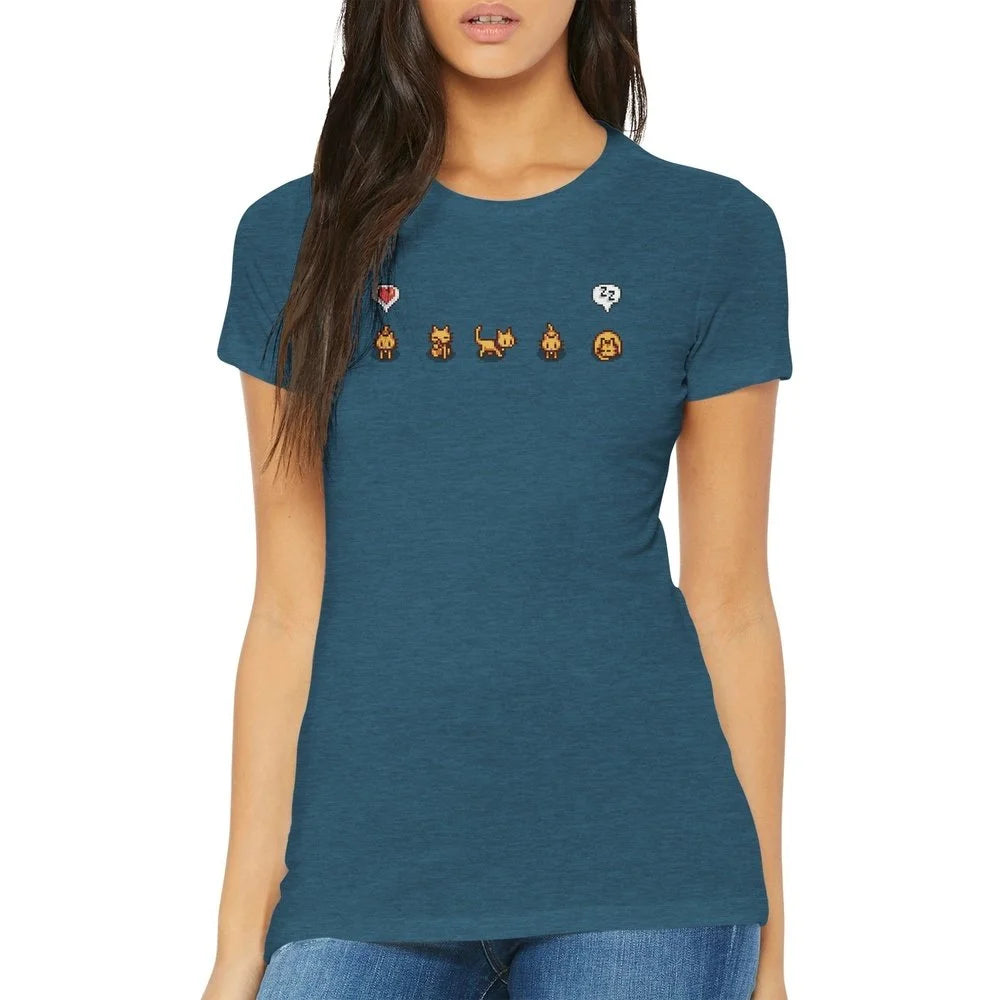 A woman wears a ladies fitted Stardew Valley T-Shirt featuring illustrations of ginger cats and emotes across the chest.