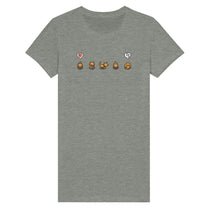 A gray Stardew Valley T-Shirt displays a row of pixelated ginger cats expressing various emotes.