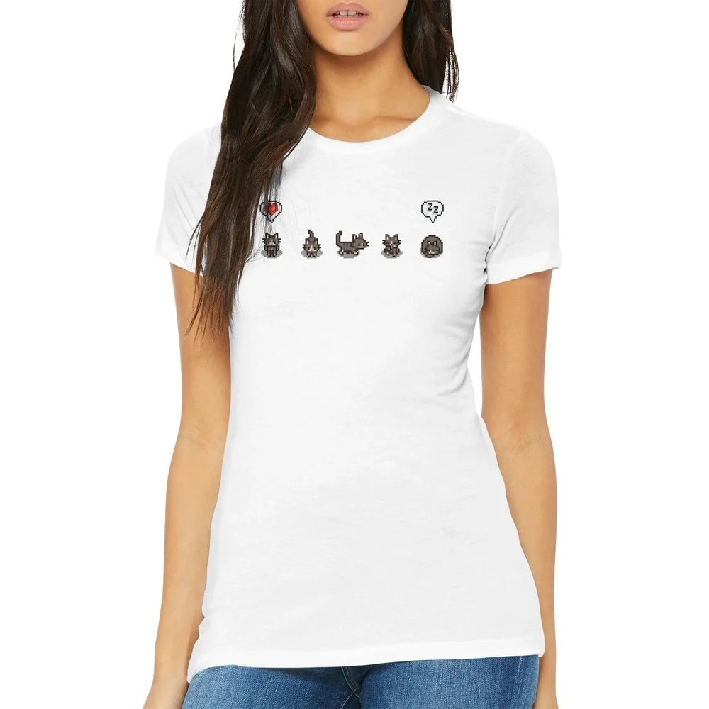 A woman wearing a grey Stardew Valley T-Shirt featuring illustrations of cats and emotes from the game.