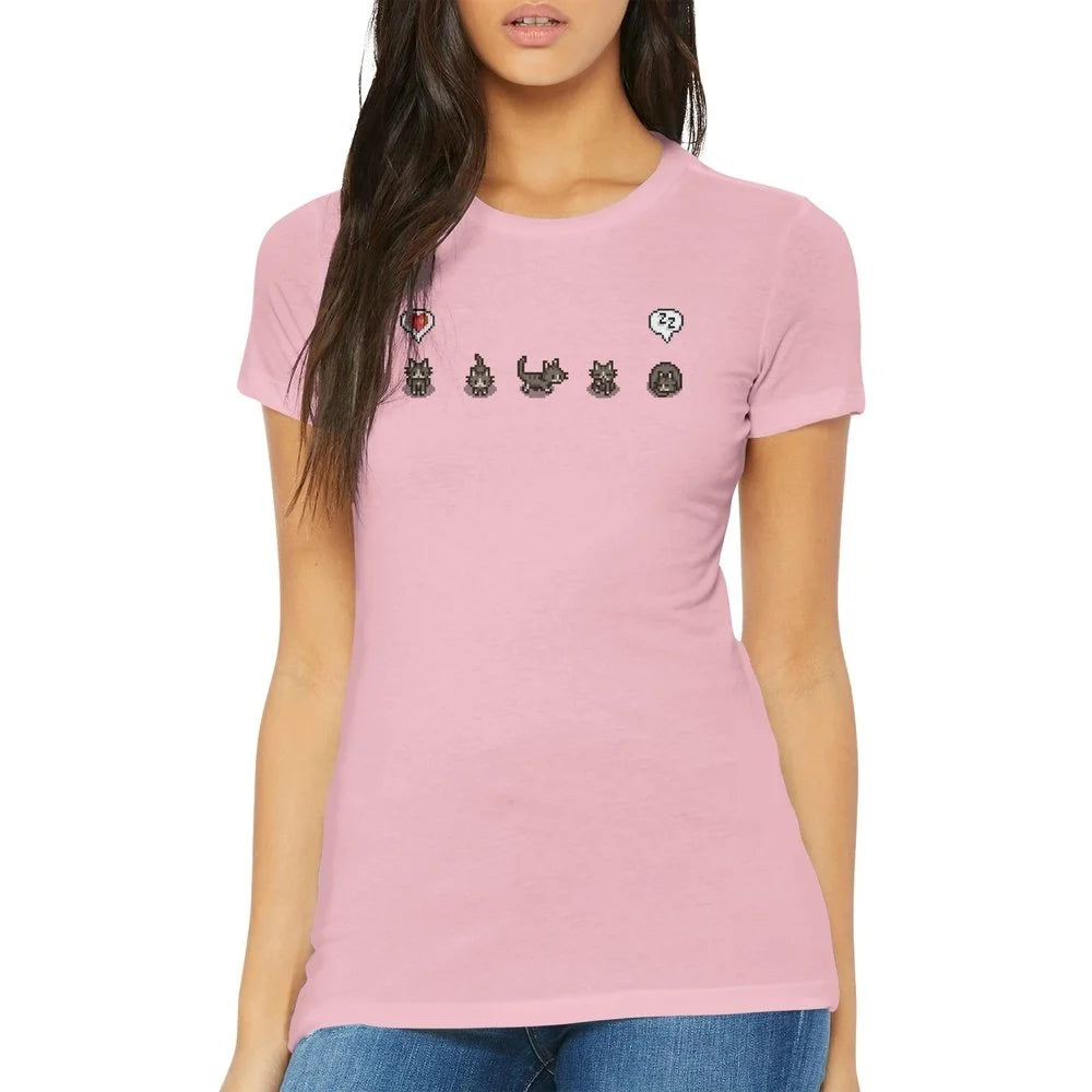 A woman wearing a pink Stardew Valley T-Shirt displays various grey cats and emotes across the chest.