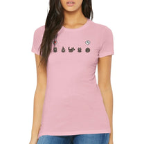 A woman wearing a pink Stardew Valley T-Shirt displays various grey cats and emotes across the chest.