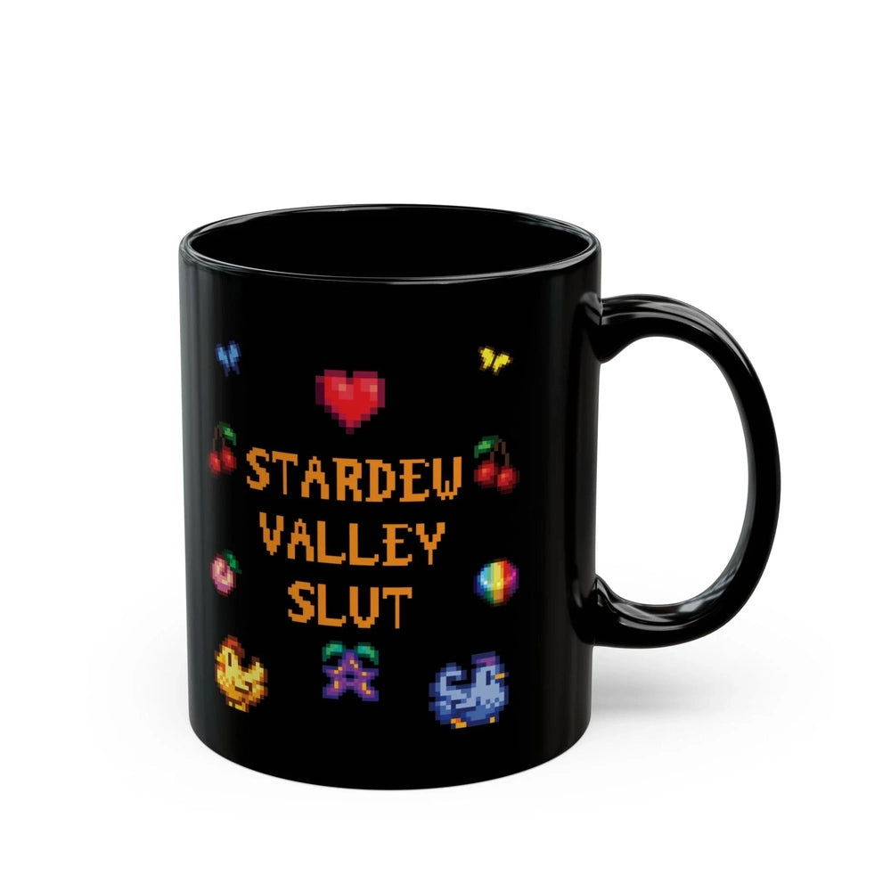 A black mug featuring pixel art graphics and the text Stardew Valley Slut in yellow font.