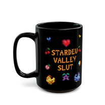 A black mug featuring pixel art icons and the text Stardew Valley Slut in a yellow font.