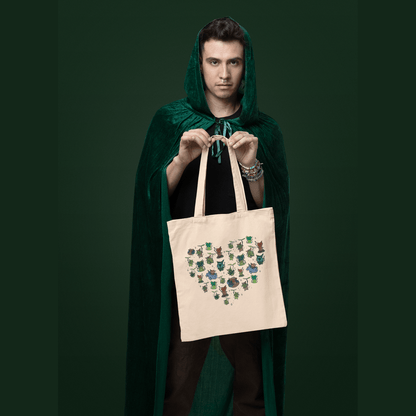 Man in a green hooded cloak holding a tote bag with a korok pattern heart design on a dark green background