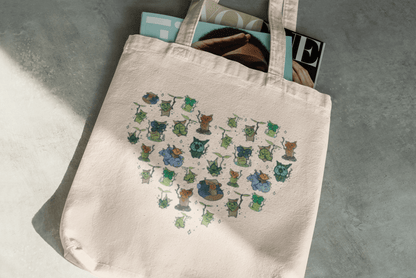 Legend of Zelda tote bag with korok pattern illustrations on a gray surface