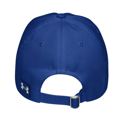 The back of a blue Vault-Tec baseball cap features ventilation holes, an adjustable strap, and the Under Armour logo on a black patch.